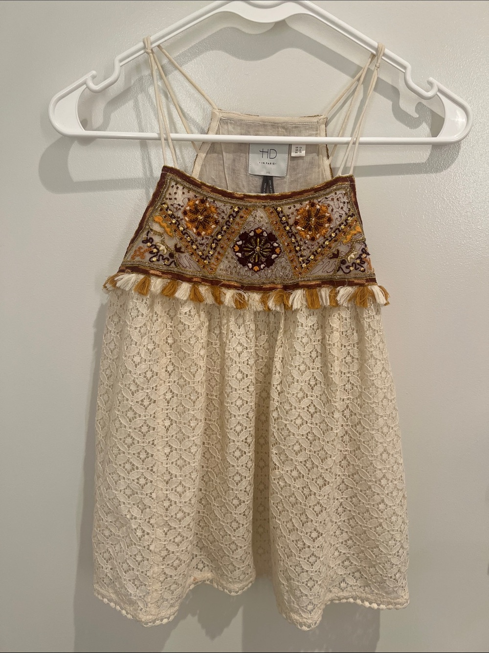 HD in Paris Cream Lace Tank Top Embroidered Mustard Brown Floral Size 0